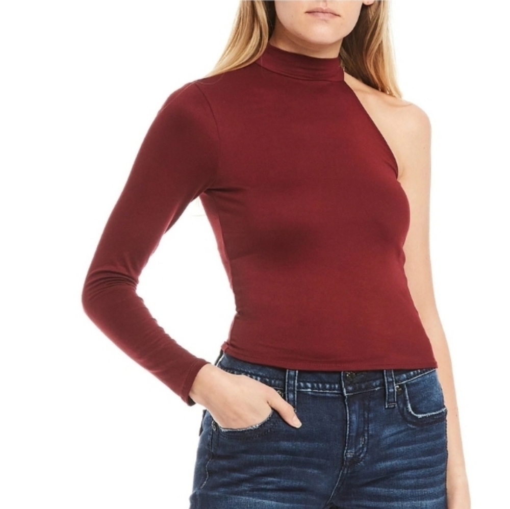 Moa Moa Long Sleeve One Shoulder Mock Neck Top Burgundy Red